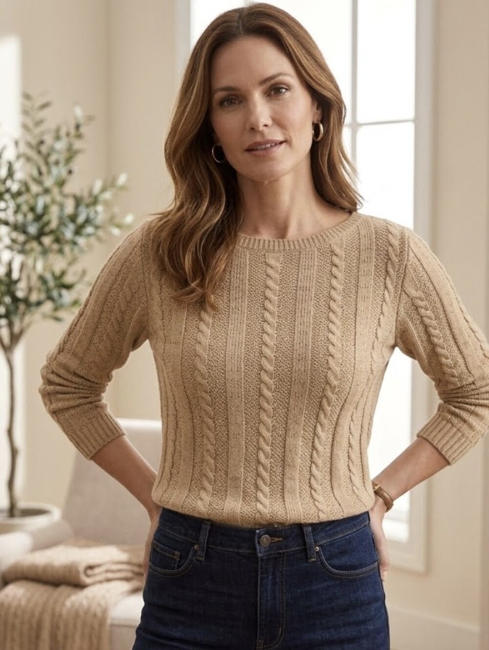 Talbots Beige Cable-Knit Crewneck Sweater Silk Cashmere Sz 8